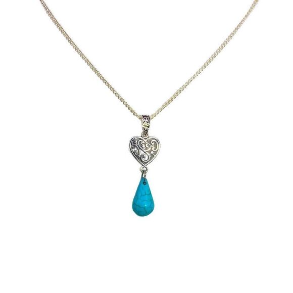 AUO Sterling 925 Silver Heart  & Turquoise Necklace - Picture 5 of 11
